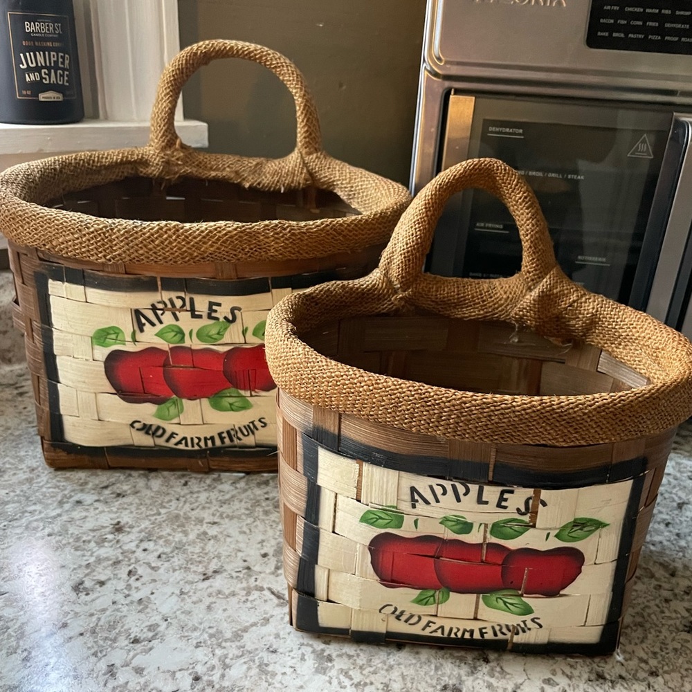 Vintage Woven 2 Baskets Burlap Trim Handles Hand Painted Apples
